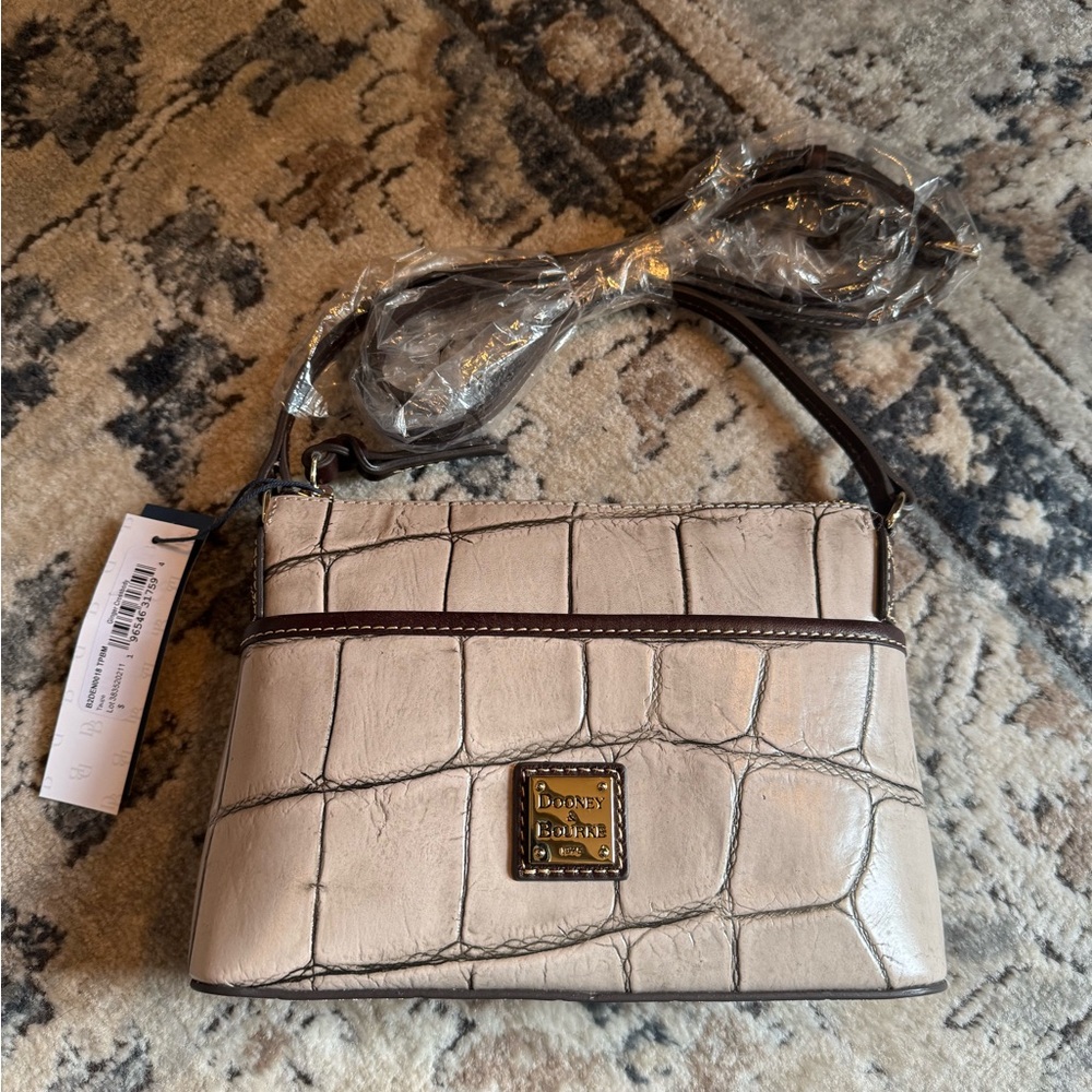 Dooney & Bourke Cream and Brown Crossbody Bag with Croc-Embossed Design